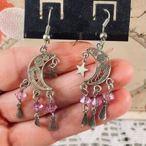 Crescent Moon Star Dangle Earrings Pink Crystal Beads Mystical Witchy Fairy Goth